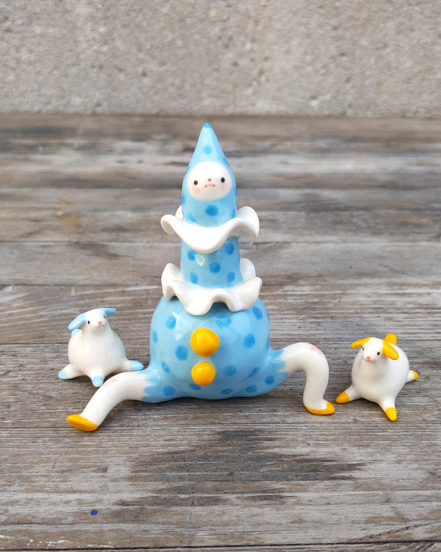 goatPIERROT Ceramic Art Toy [25.034: Big Blue Boyo with the Bright Bright Buttons, just under 4"]