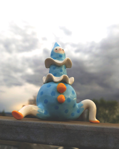 goatPIERROT Ceramic Art Toy [25.034: Big Blue Boyo with the Bright Bright Buttons, just under 4"]