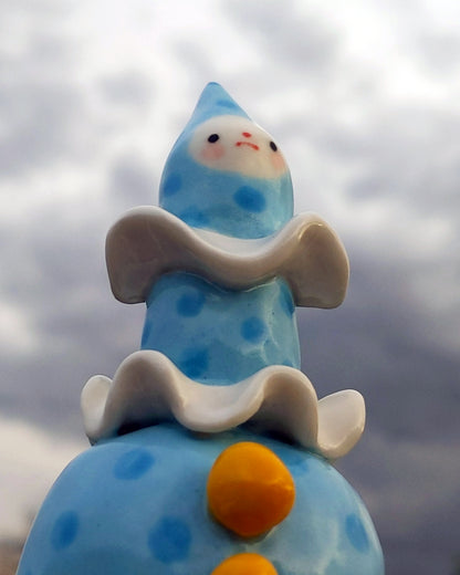 goatPIERROT Ceramic Art Toy [25.034: Big Blue Boyo with the Bright Bright Buttons, just under 4"]