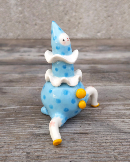 goatPIERROT Ceramic Art Toy [25.034: Big Blue Boyo with the Bright Bright Buttons, just under 4"]