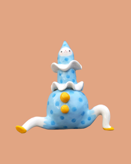goatPIERROT Ceramic Art Toy [25.034: Big Blue Boyo with the Bright Bright Buttons, just under 4"]