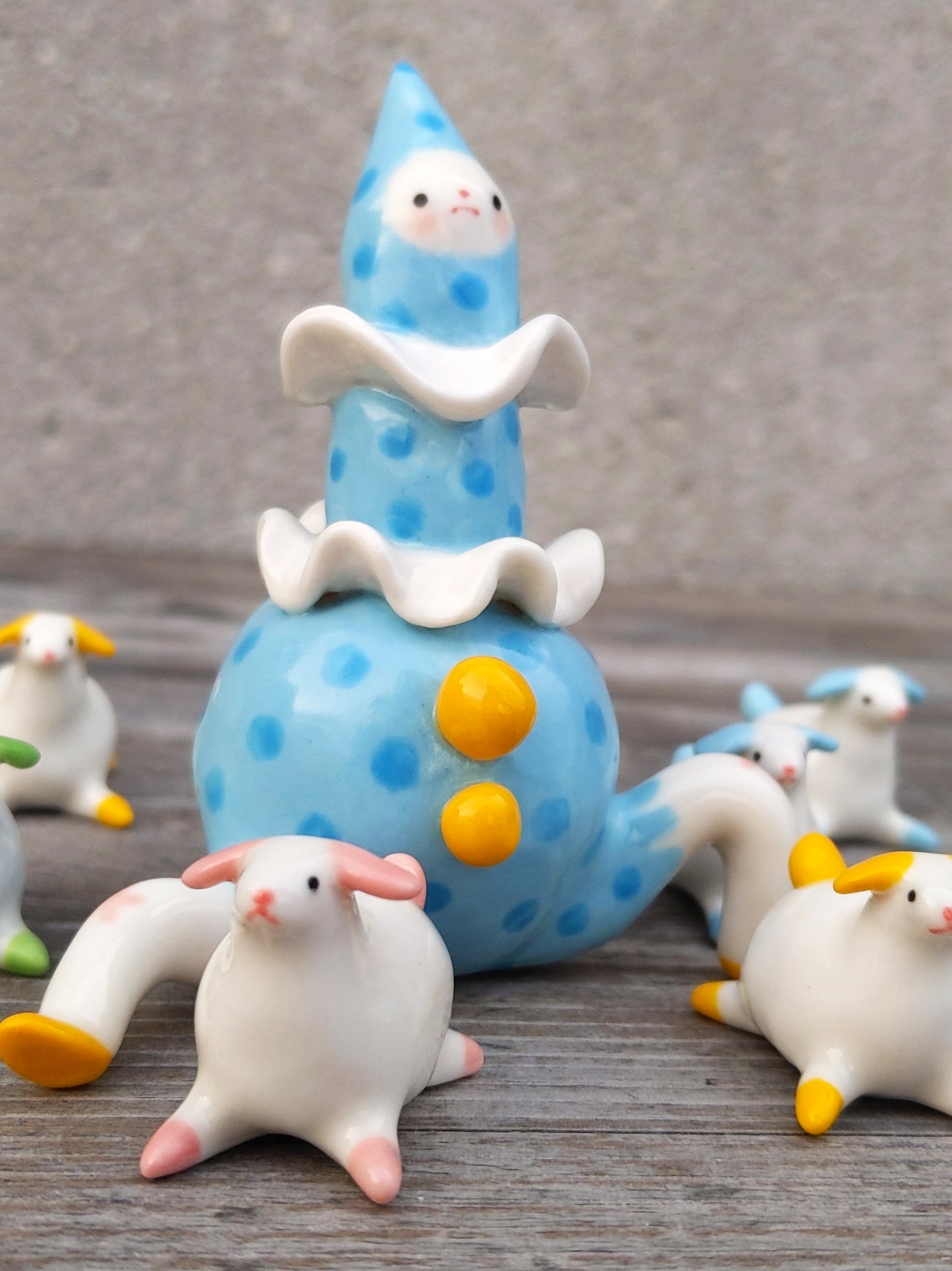 goatPIERROT Ceramic Art Toy [25.034: Big Blue Boyo with the Bright Bright Buttons, just under 4"]