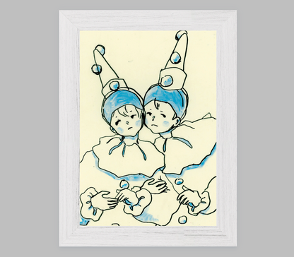 Cheek to Cheek in Blue Pierrots [Art Print on Choice of Poster or Fine Art Papers, Framed or Unframed, 5x7 or 11x17]