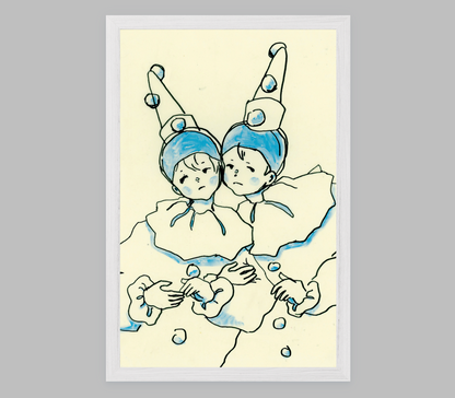 Cheek to Cheek in Blue Pierrots [Art Print on Choice of Poster or Fine Art Papers, Framed or Unframed, 5x7 or 11x17]