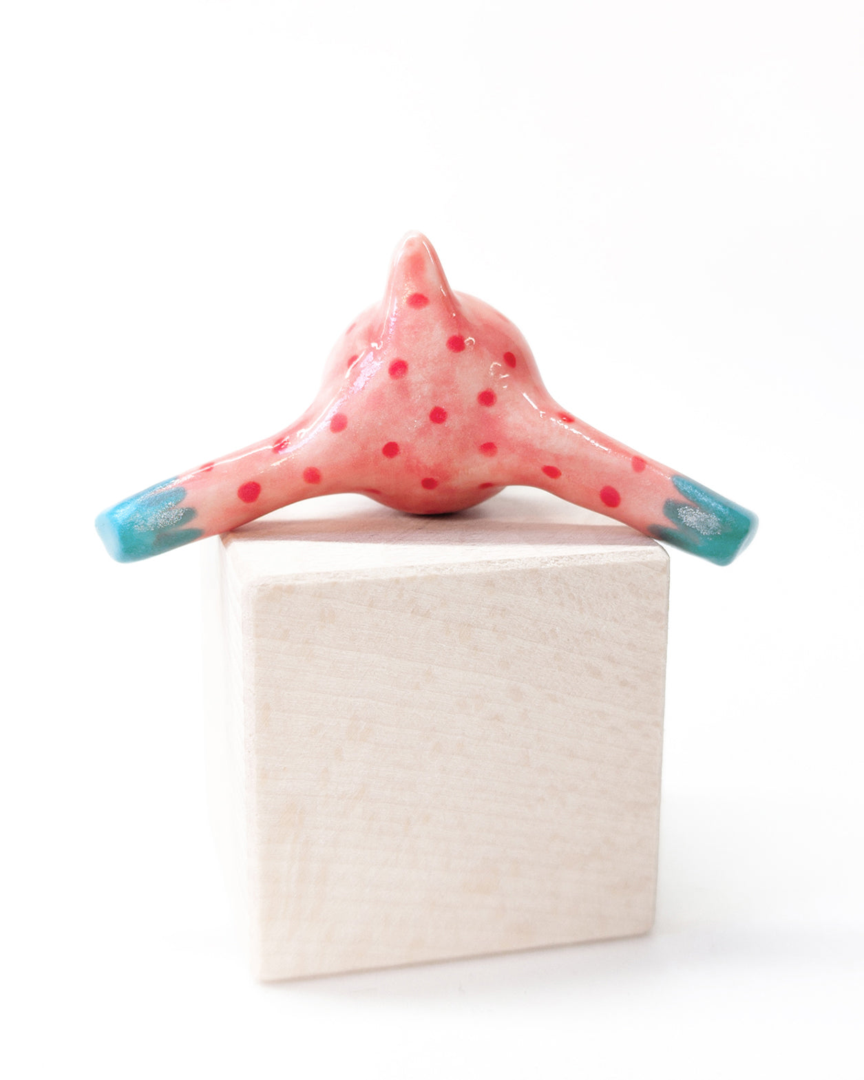 goatPIERROT Ceramic Art Toy [Stylized Strawberry Tinybirdman in Teal and Pink, 1.3" tall]