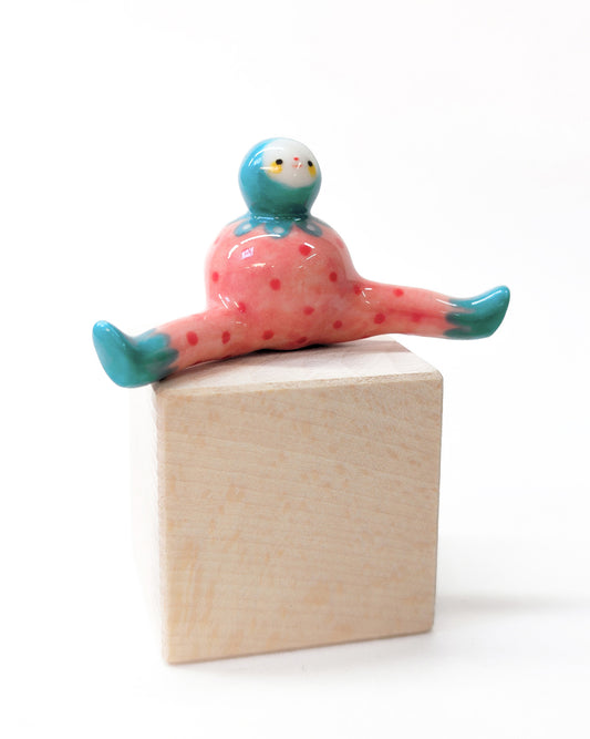 goatPIERROT Ceramic Art Toy [Stylized Strawberry Tinybirdman in Teal and Pink, 1.3" tall]