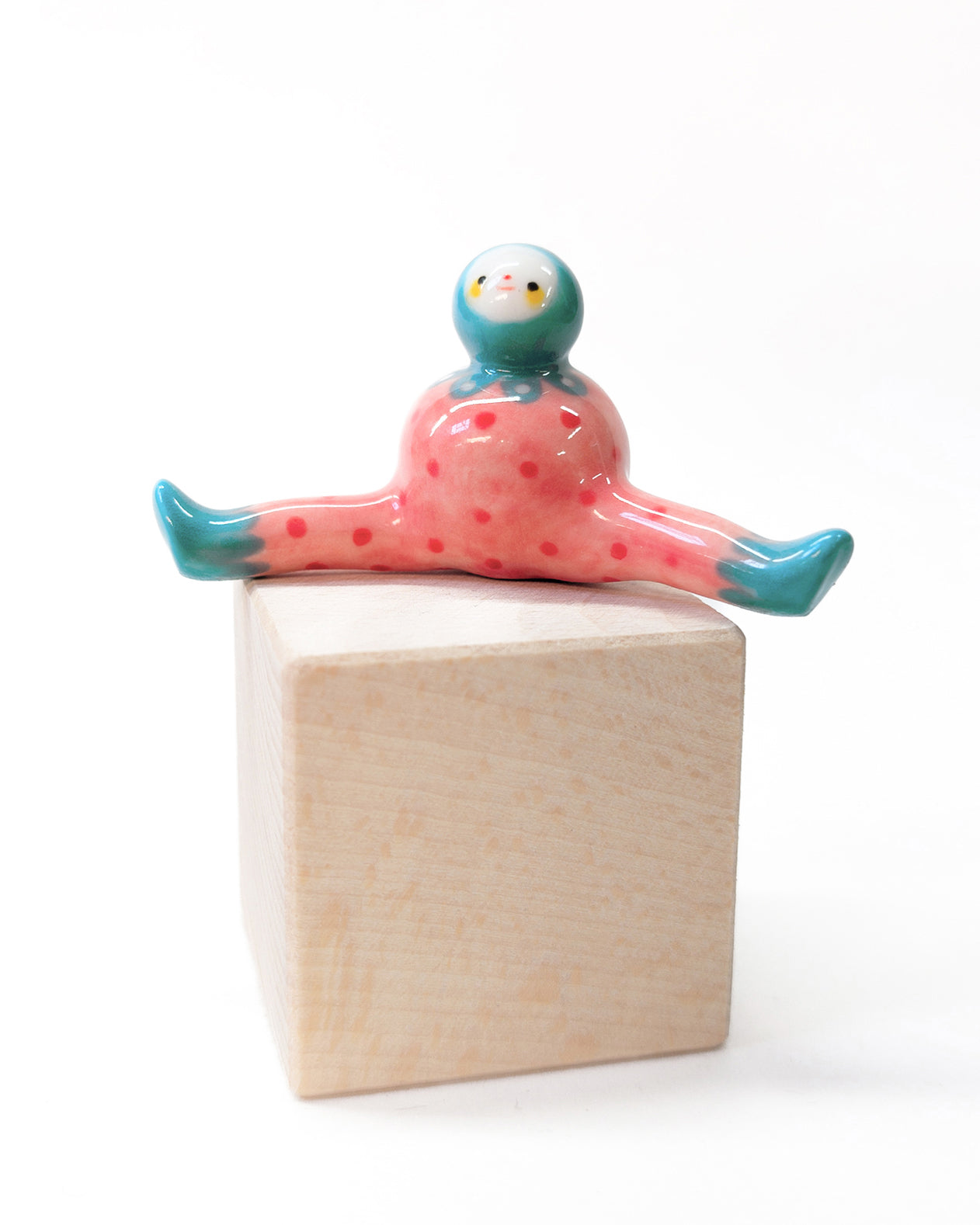 goatPIERROT Ceramic Art Toy [Stylized Strawberry Tinybirdman in Teal and Pink, 1.3" tall]