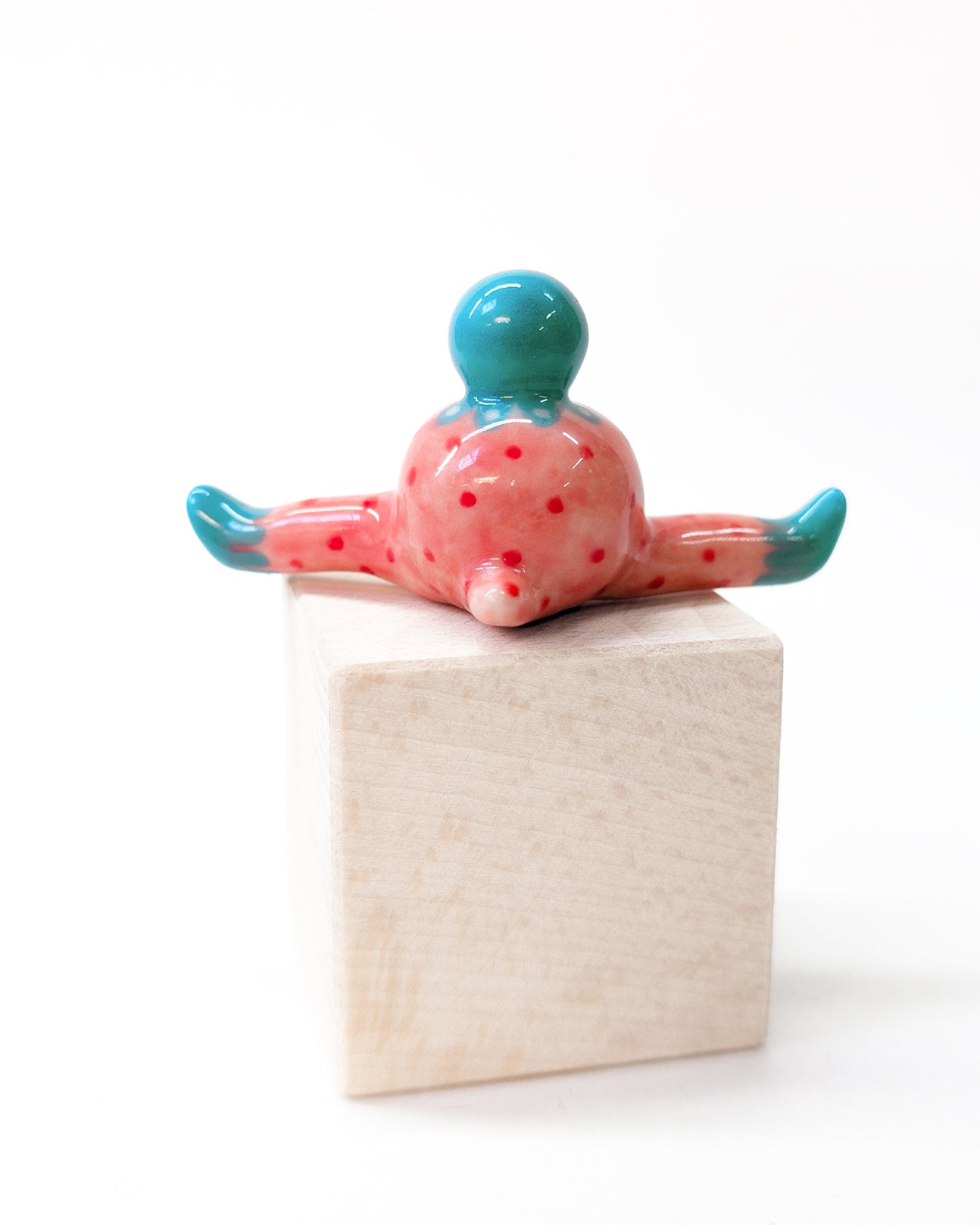 goatPIERROT Ceramic Art Toy [Stylized Strawberry Tinybirdman in Teal and Pink, 1.3" tall]