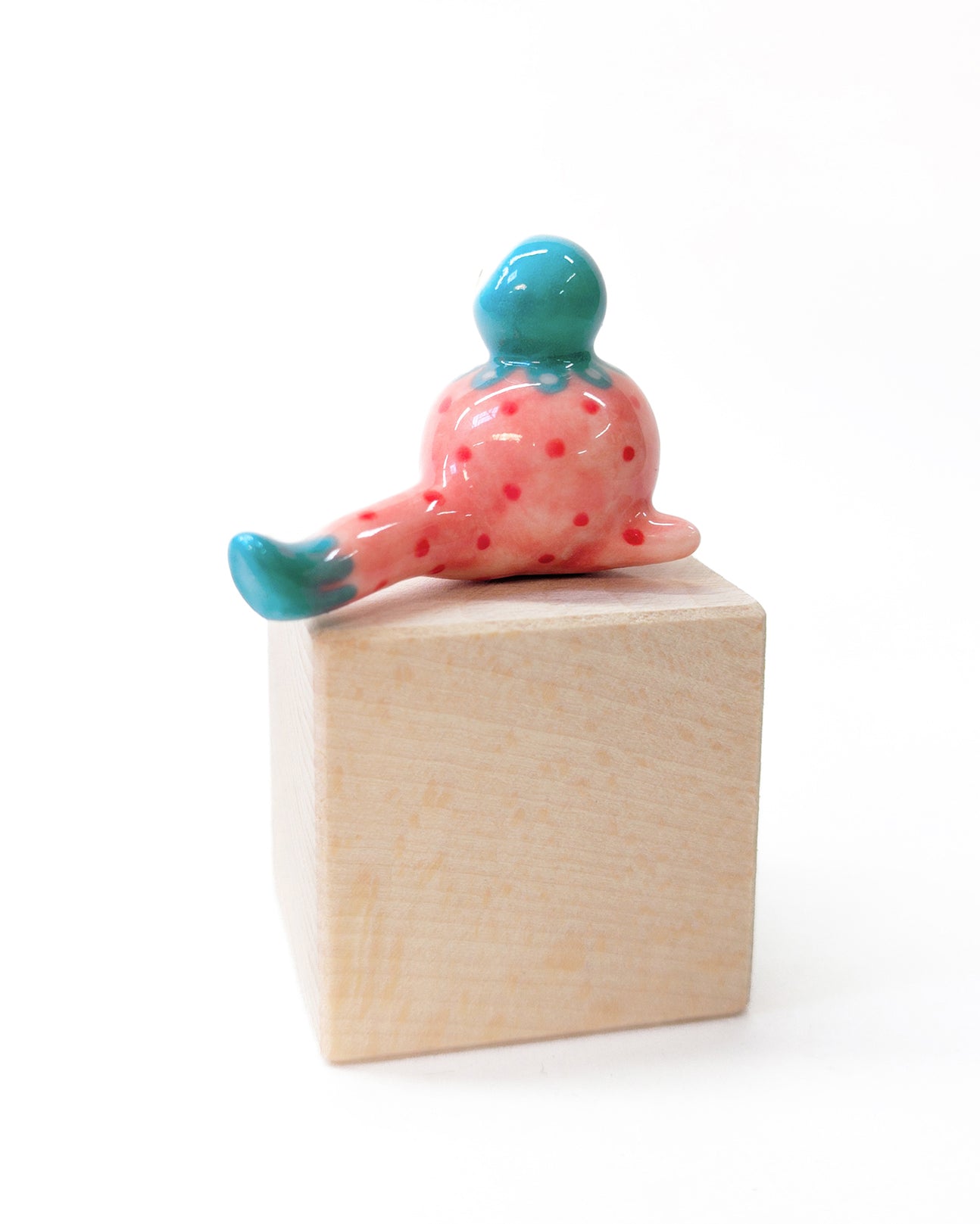 goatPIERROT Ceramic Art Toy [Stylized Strawberry Tinybirdman in Teal and Pink, 1.3" tall]