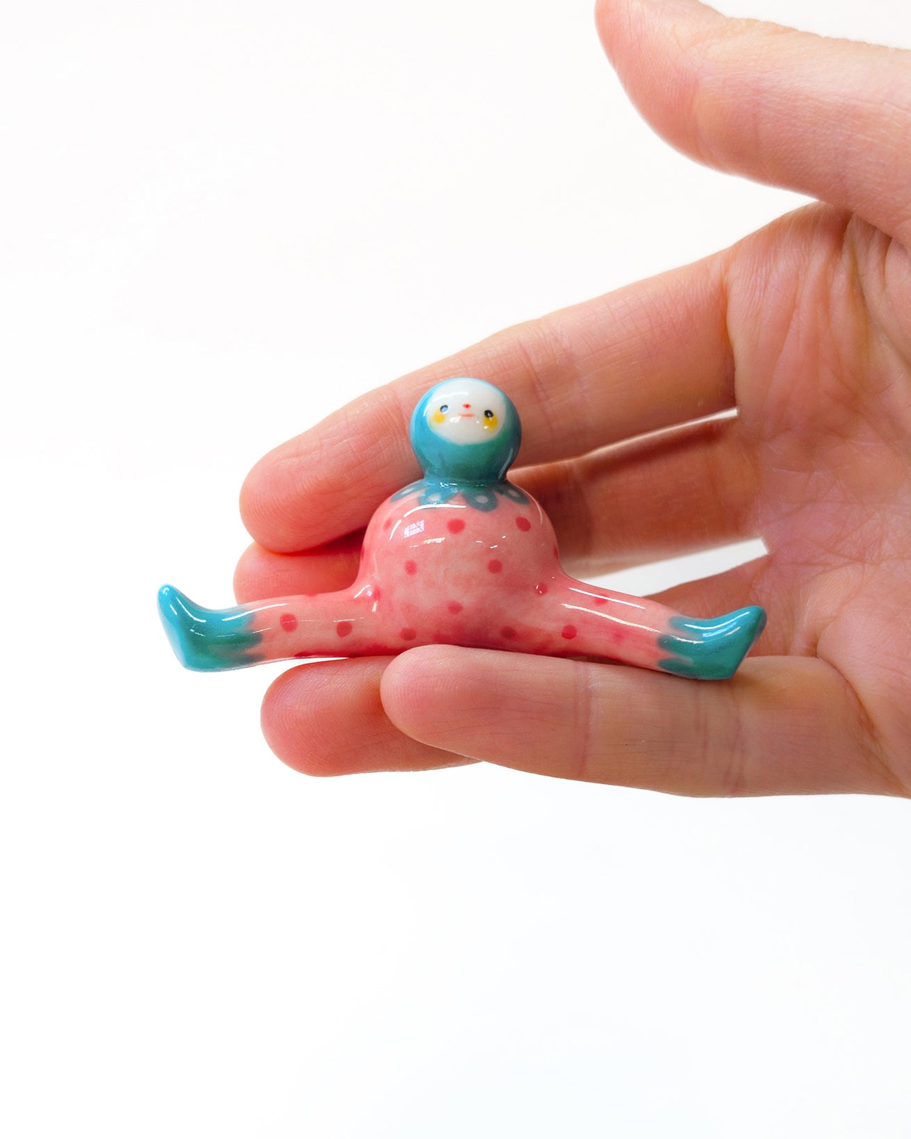 goatPIERROT Ceramic Art Toy [Stylized Strawberry Tinybirdman in Teal and Pink, 1.3" tall]