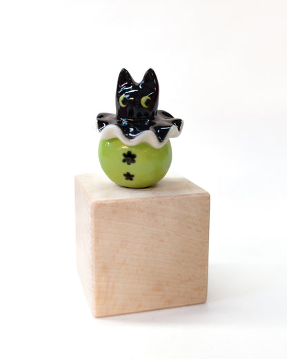 goatPIERROT Ceramic Art Toy [Cat Pierrot Birbauble in Black and Green, 1.6" tall]