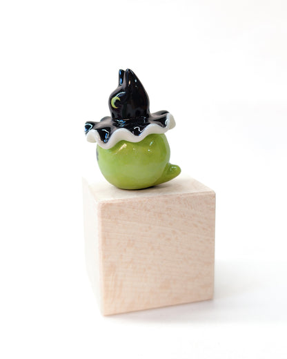goatPIERROT Ceramic Art Toy [Cat Pierrot Birbauble in Black and Green, 1.6" tall]