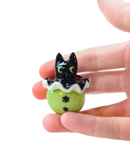 goatPIERROT Ceramic Art Toy [Cat Pierrot Birbauble in Black and Green, 1.6" tall]