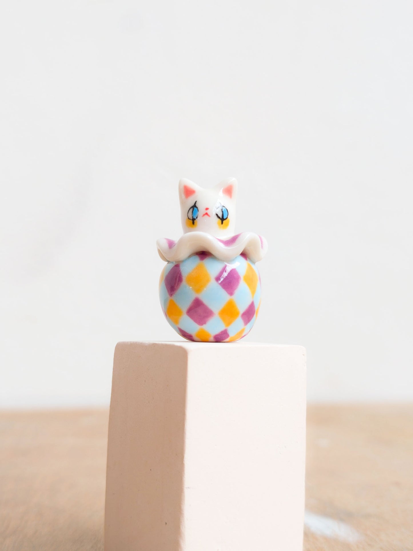 goatPIERROT Ceramic Art Toy [Holsomcat in Purple Harlequin Print]