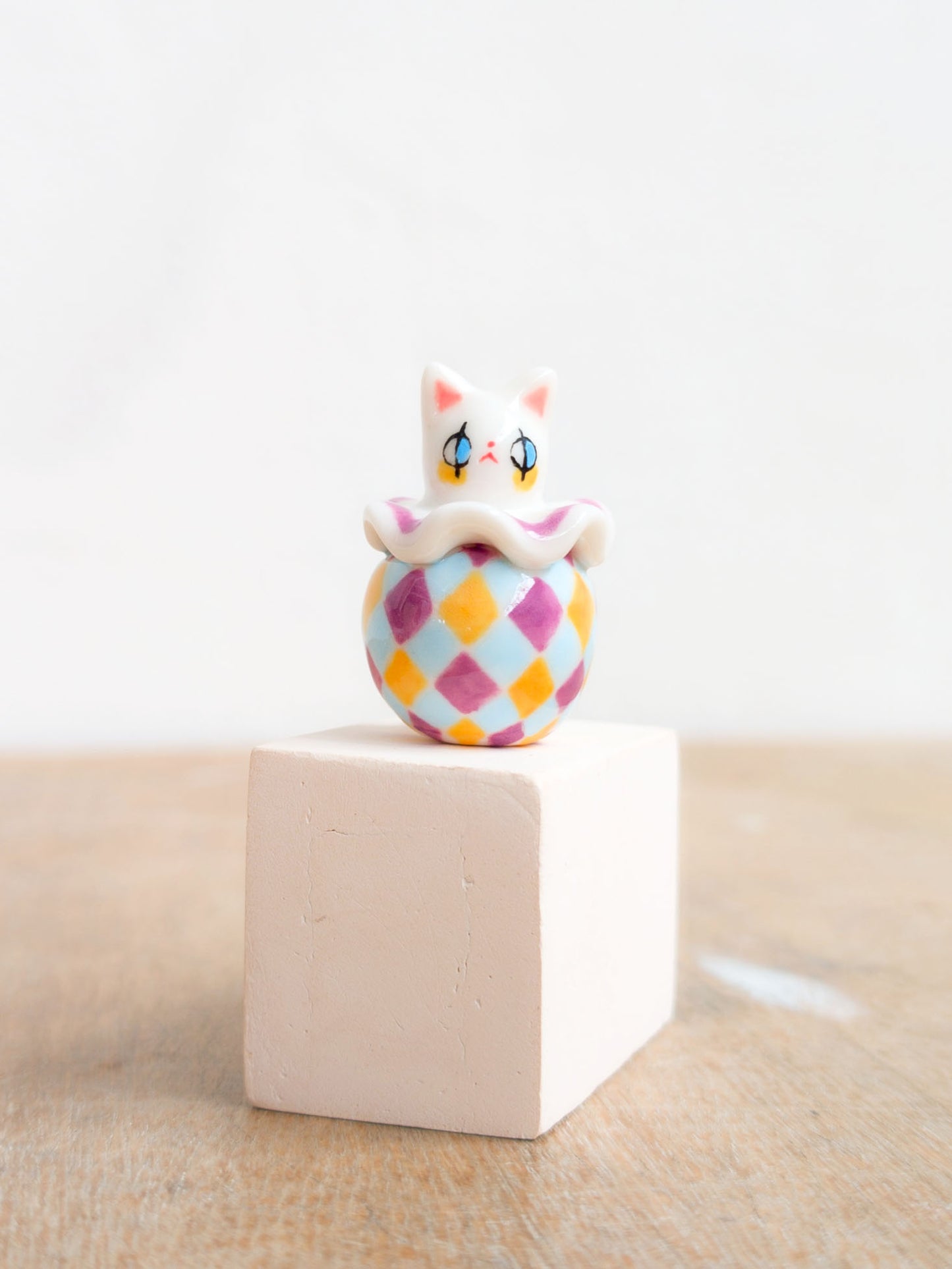 goatPIERROT Ceramic Art Toy [Holsomcat in Purple Harlequin Print]