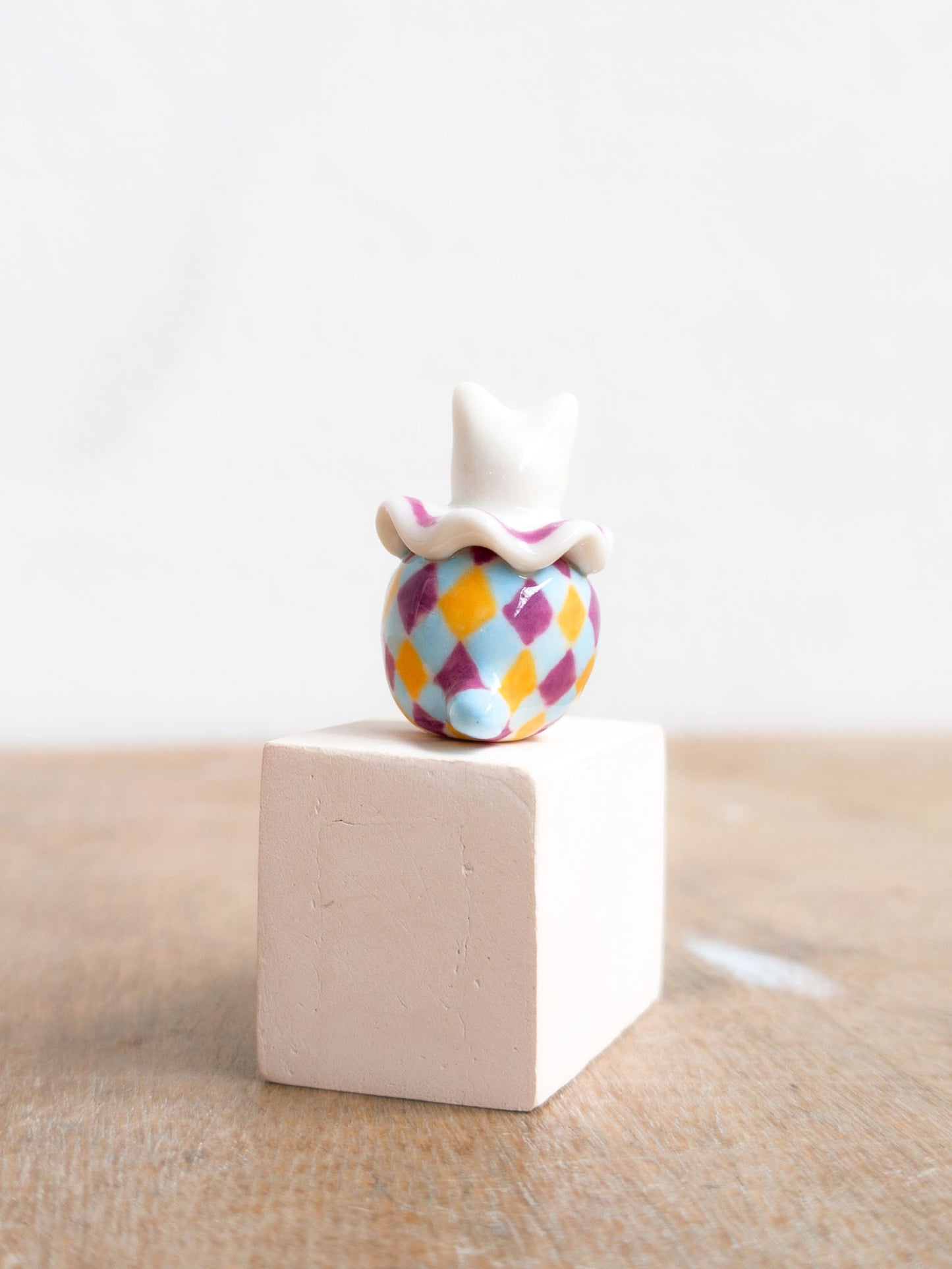 goatPIERROT Ceramic Art Toy [Holsomcat in Purple Harlequin Print]
