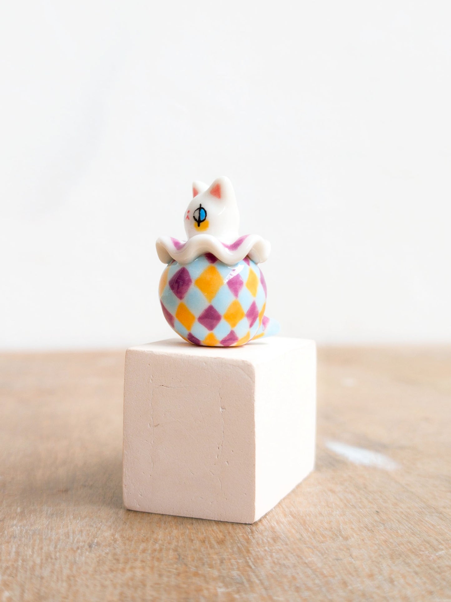 goatPIERROT Ceramic Art Toy [Holsomcat in Purple Harlequin Print]