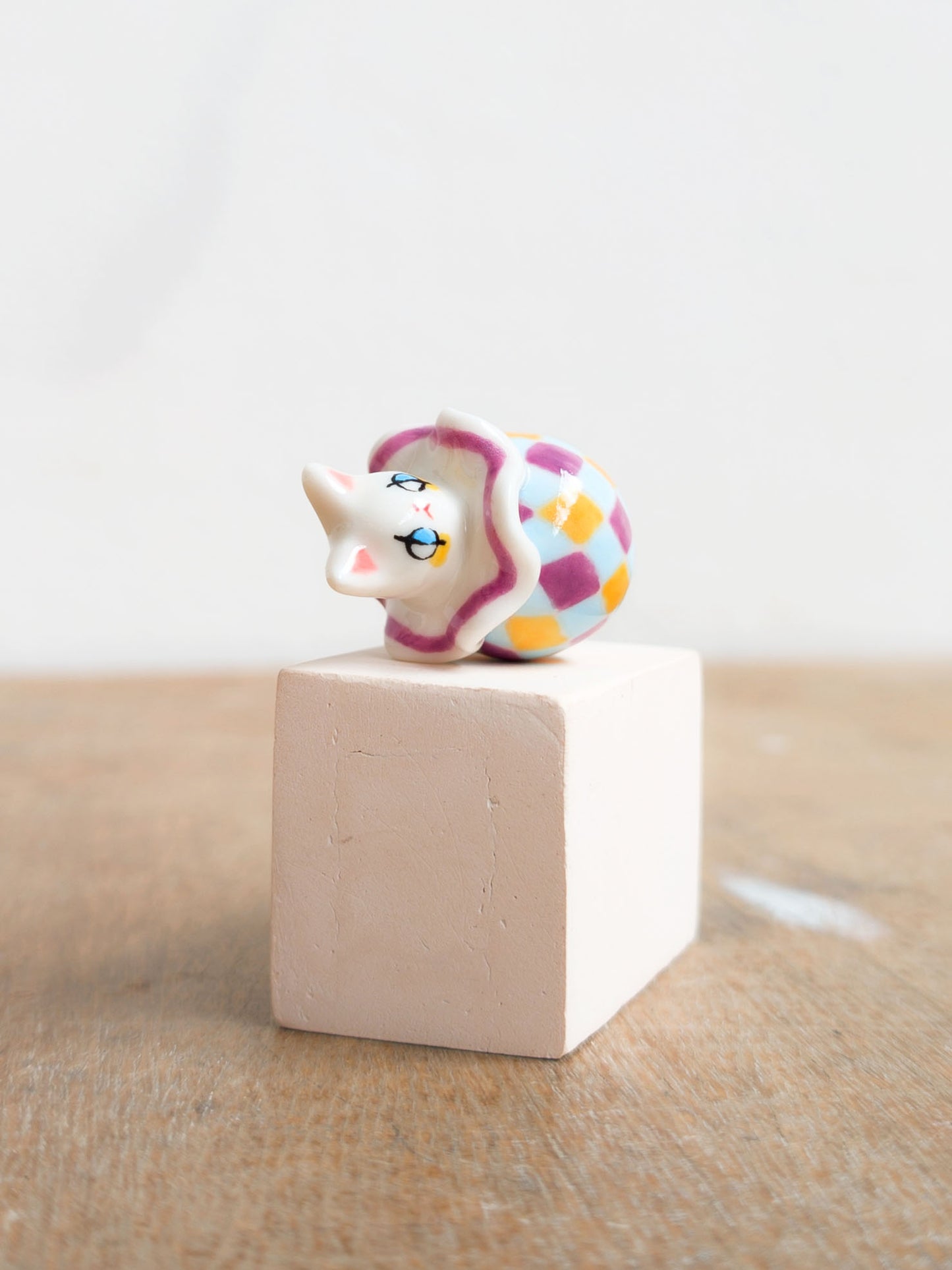 goatPIERROT Ceramic Art Toy [Holsomcat in Purple Harlequin Print]