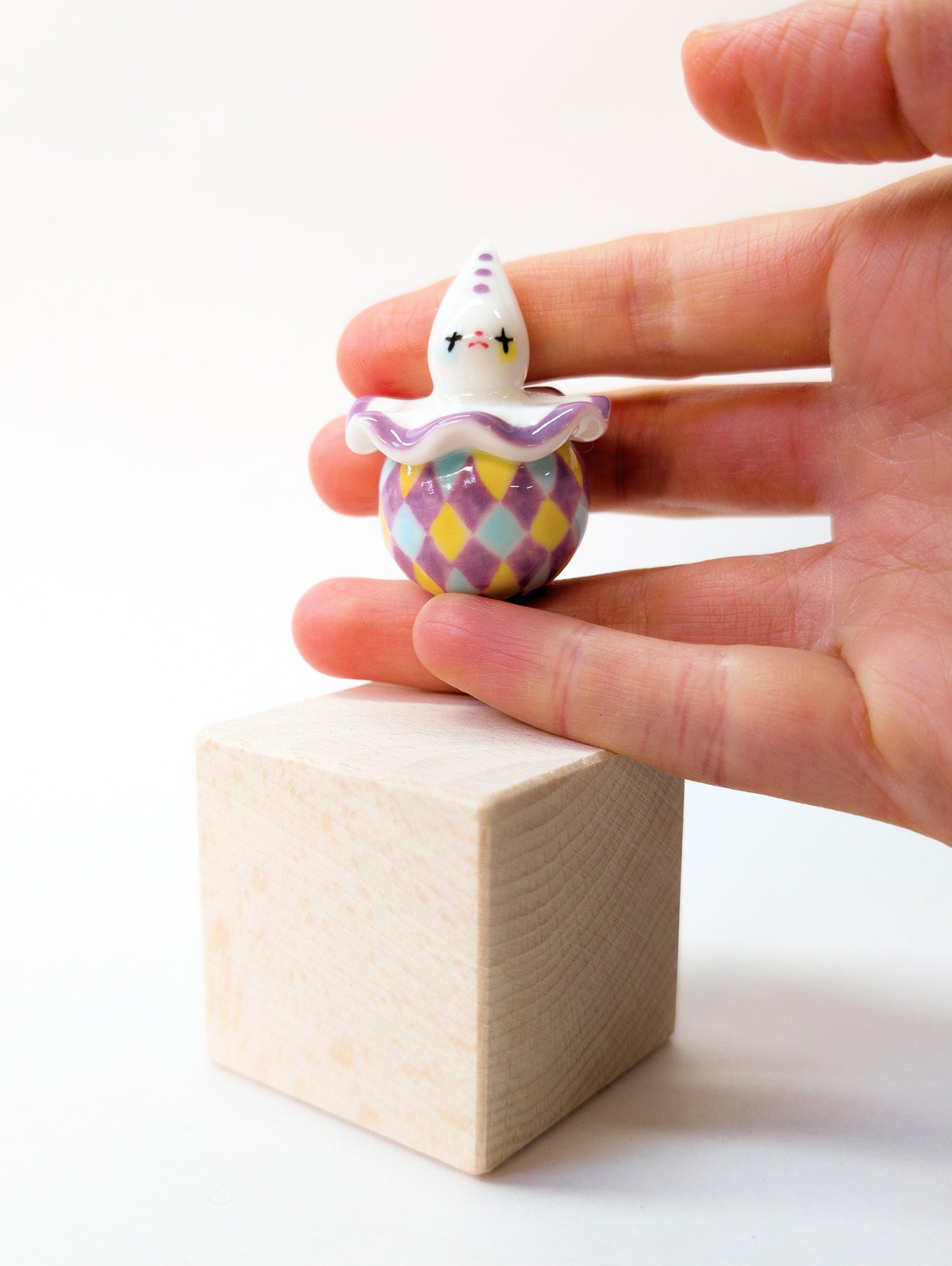 goatPIERROT Ceramic Art Toy [Purple Twinkle-Eyed Pierrot Birbauble with Harlequin Print, 1.7" tall]