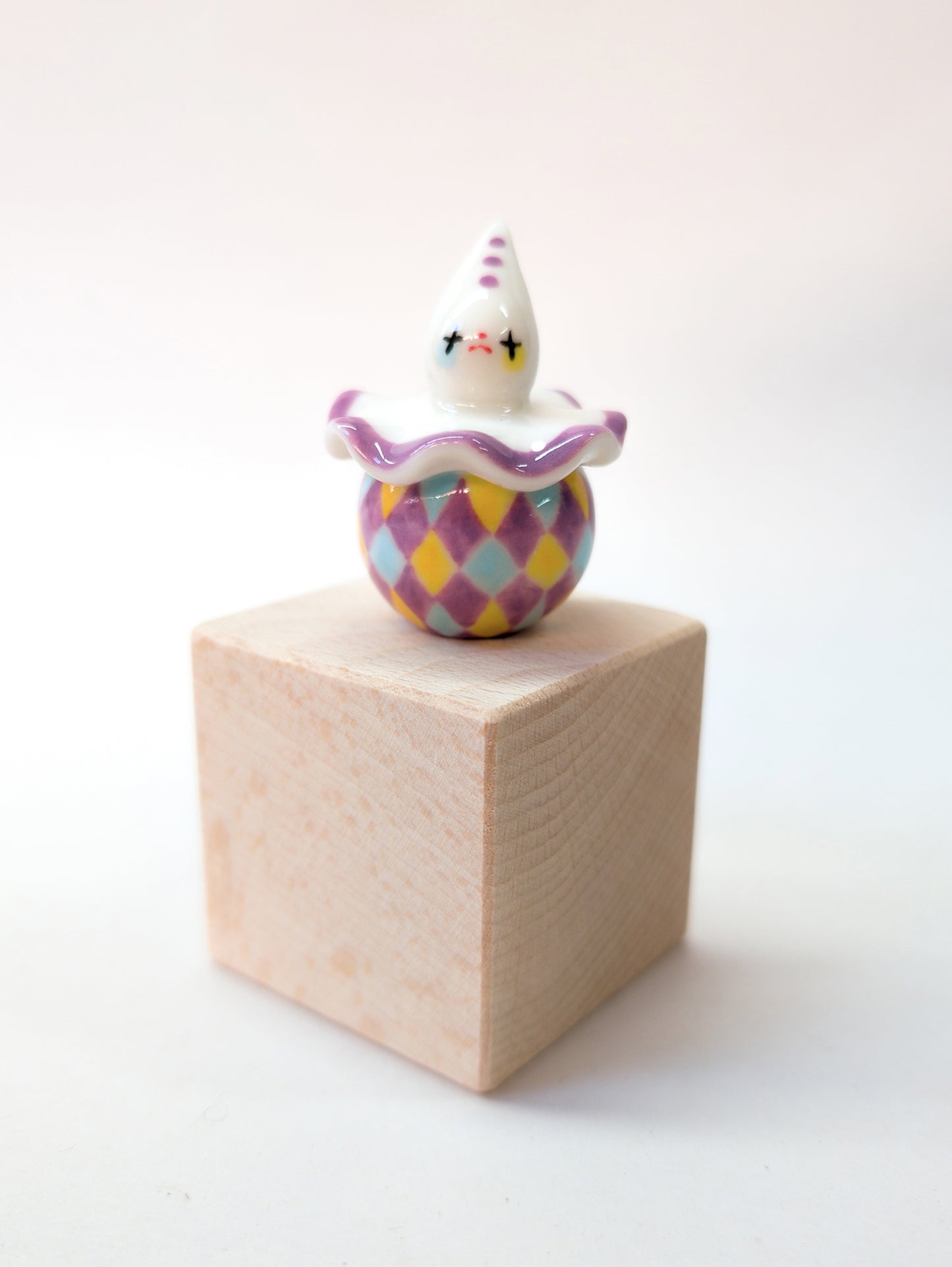 goatPIERROT Ceramic Art Toy [Purple Twinkle-Eyed Pierrot Birbauble with Harlequin Print, 1.7" tall]