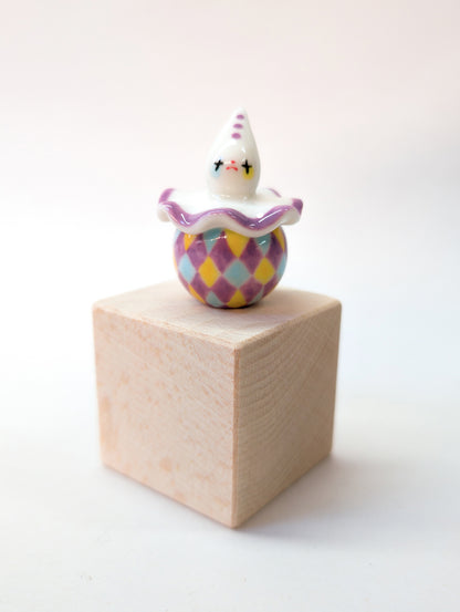 goatPIERROT Ceramic Art Toy [Purple Twinkle-Eyed Pierrot Birbauble with Harlequin Print, 1.7" tall]