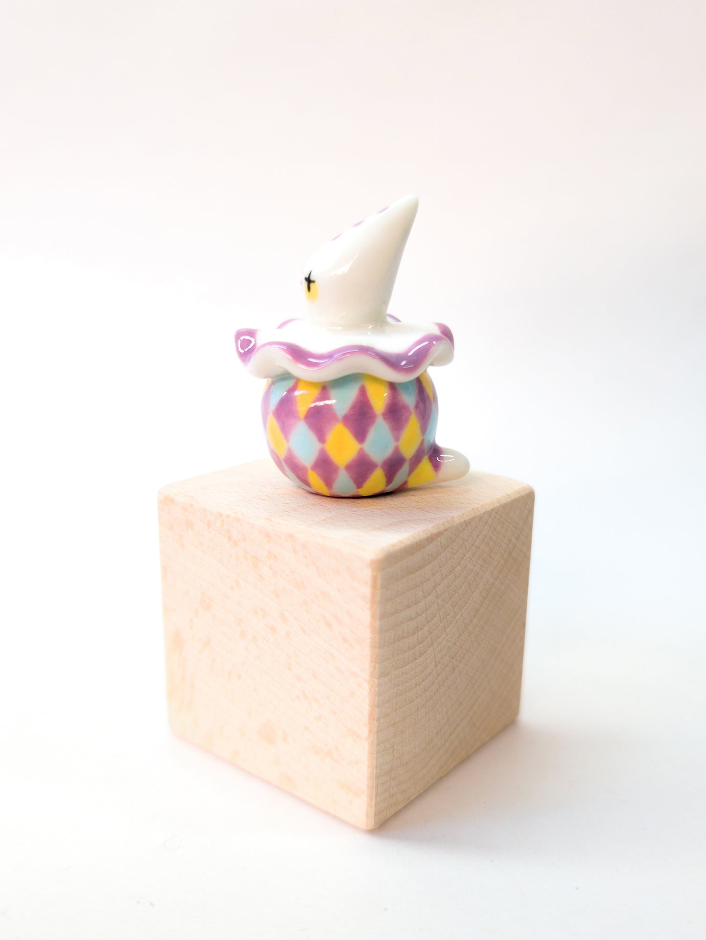 goatPIERROT Ceramic Art Toy [Purple Twinkle-Eyed Pierrot Birbauble with Harlequin Print, 1.7" tall]