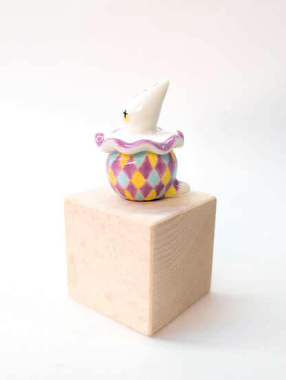 goatPIERROT Ceramic Art Toy [Purple Twinkle-Eyed Pierrot Birbauble with Harlequin Print, 1.7" tall]