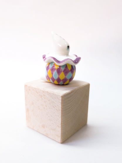 goatPIERROT Ceramic Art Toy [Purple Twinkle-Eyed Pierrot Birbauble with Harlequin Print, 1.7" tall]