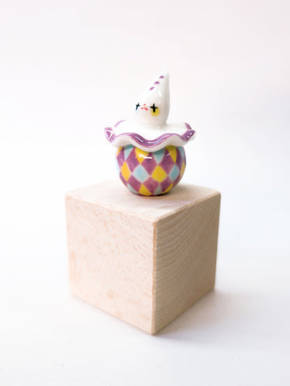 goatPIERROT Ceramic Art Toy [Purple Twinkle-Eyed Pierrot Birbauble with Harlequin Print, 1.7" tall]