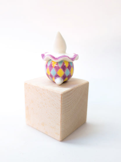 goatPIERROT Ceramic Art Toy [Purple Twinkle-Eyed Pierrot Birbauble with Harlequin Print, 1.7" tall]