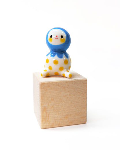 goatPIERROT Ceramic Art Toy [Large-ish Blue Bobblenubbin with Yellow Spots, 1.6" tall]
