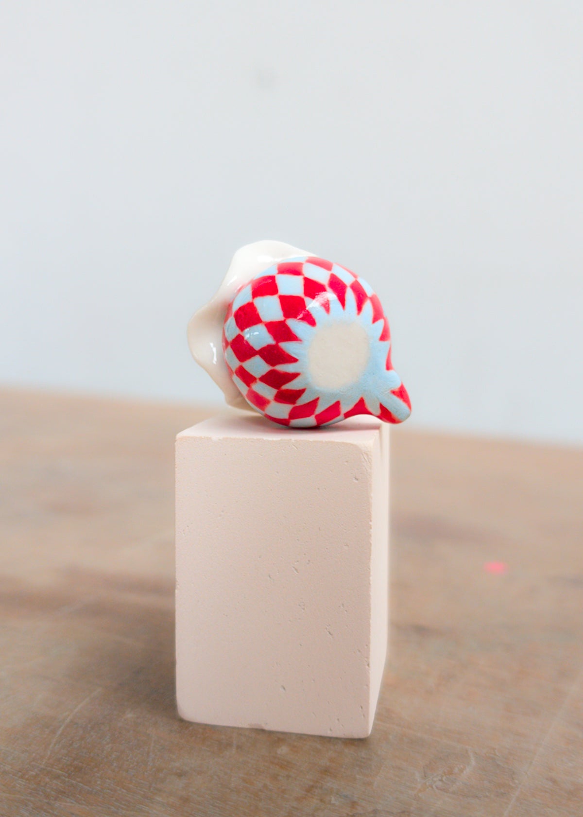 goatPIERROT Ceramic Art Toy 26.09.03 [Cat Pierrot in Light Blue and Red Harlequin Print]