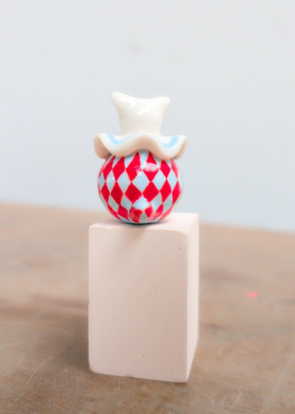 goatPIERROT Ceramic Art Toy 26.09.03 [Cat Pierrot in Light Blue and Red Harlequin Print]