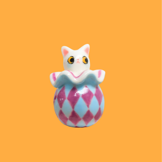 goatPIERROT Ceramic Art Toy 26.09.05 [Cat Pierrot in Light Blue and Purple Harlequin Print with Yellow Eyes]