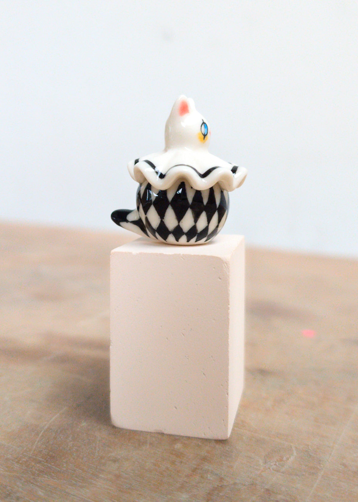 goatPIERROT Ceramic Art Toy 26.09.01 [Holsomcat in Black and White Harlequin Print]