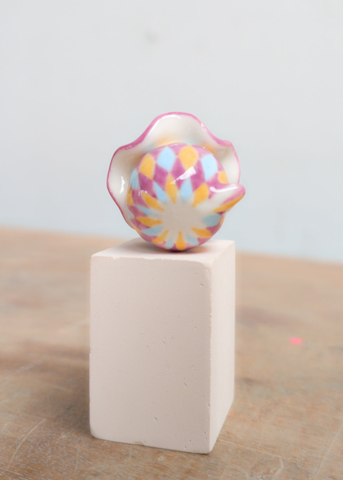 goatPIERROT Ceramic Art Toy 26.09.02 [Twinkle-Eyed Pierrot Cat in Purple, Yellow, and Blue Harlequin Print]