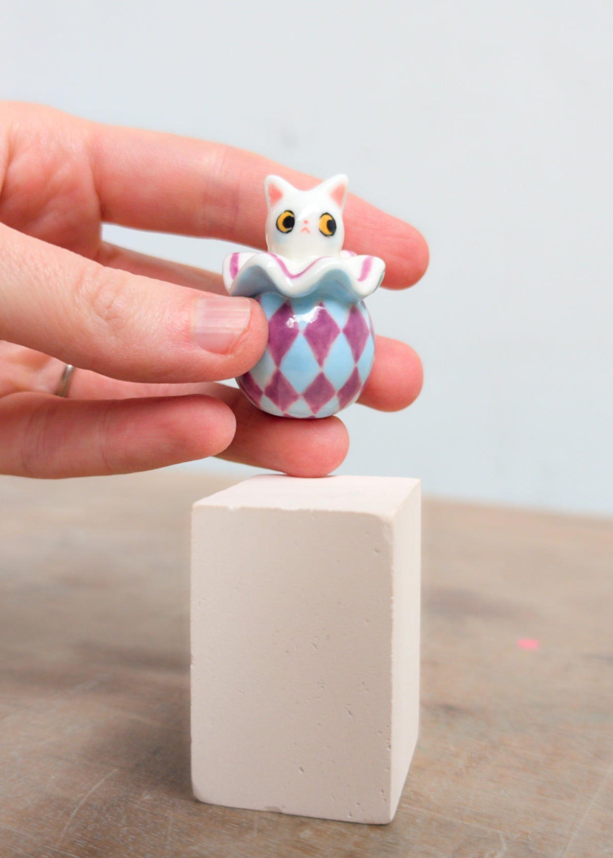 goatPIERROT Ceramic Art Toy 26.09.05 [Cat Pierrot in Light Blue and Purple Harlequin Print with Yellow Eyes]