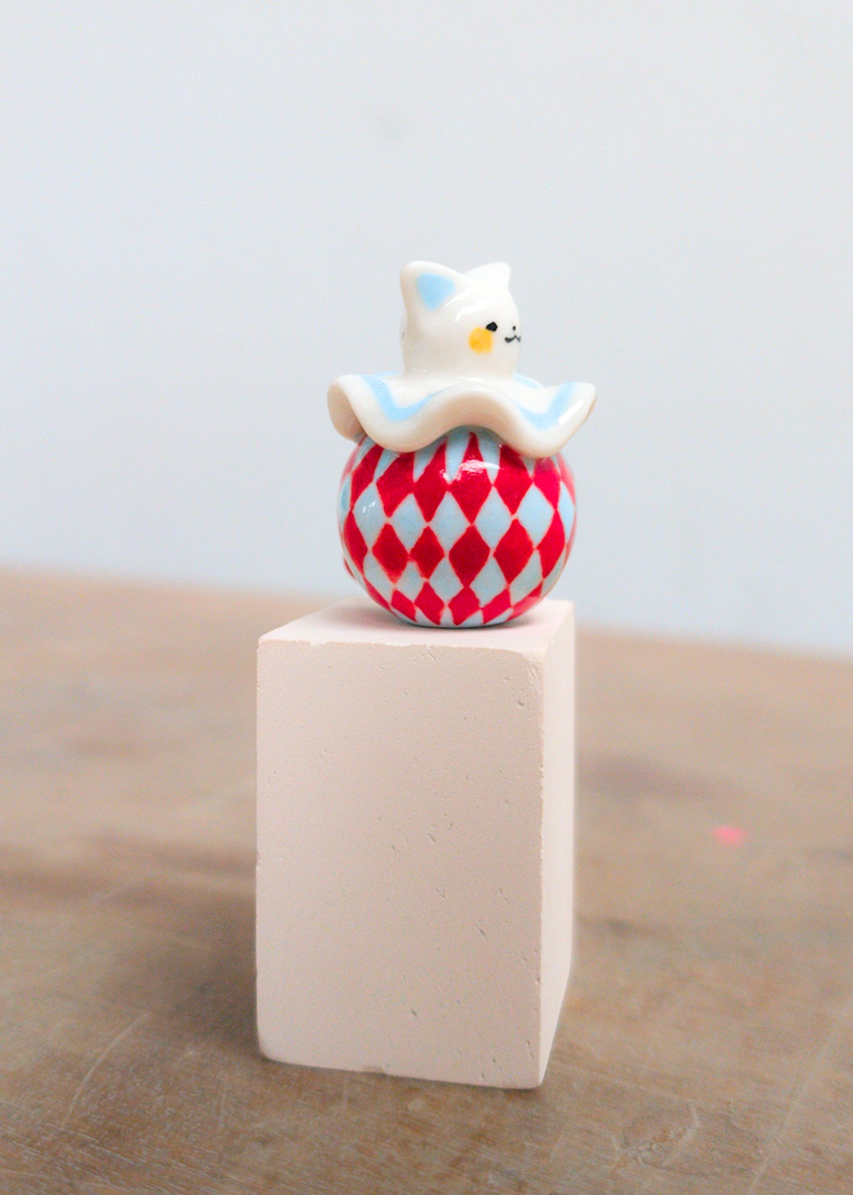 goatPIERROT Ceramic Art Toy 26.09.03 [Cat Pierrot in Light Blue and Red Harlequin Print]
