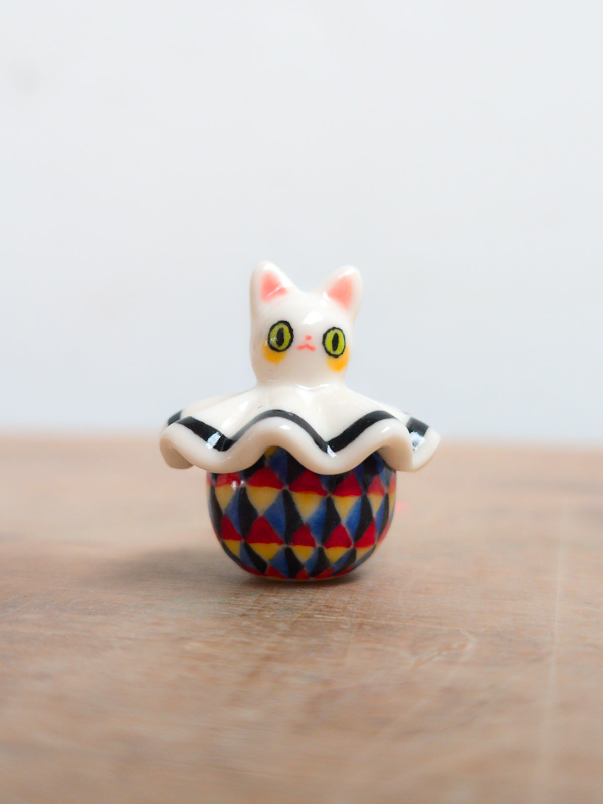 goatPIERROT Porcelain Sculpture 26.09.06 [Cat Pierrot in Primary Harlequin Print with Green Eyes]
