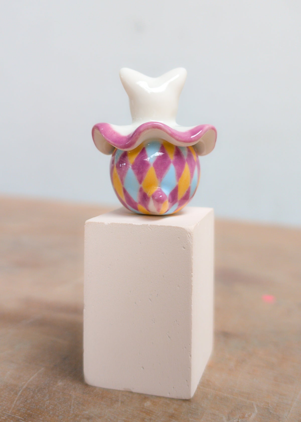 goatPIERROT Ceramic Art Toy 26.09.02 [Twinkle-Eyed Pierrot Cat in Purple, Yellow, and Blue Harlequin Print]