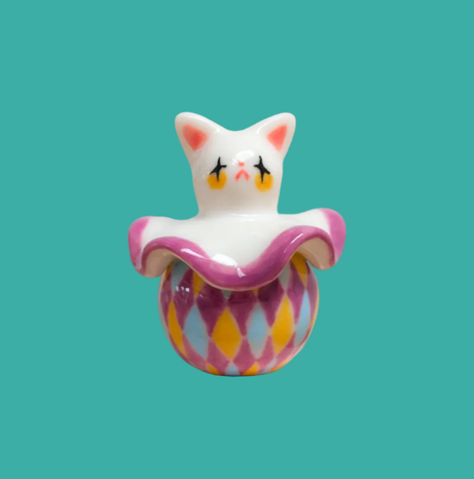 goatPIERROT Ceramic Art Toy 26.09.02 [Twinkle-Eyed Pierrot Cat in Purple, Yellow, and Blue Harlequin Print]