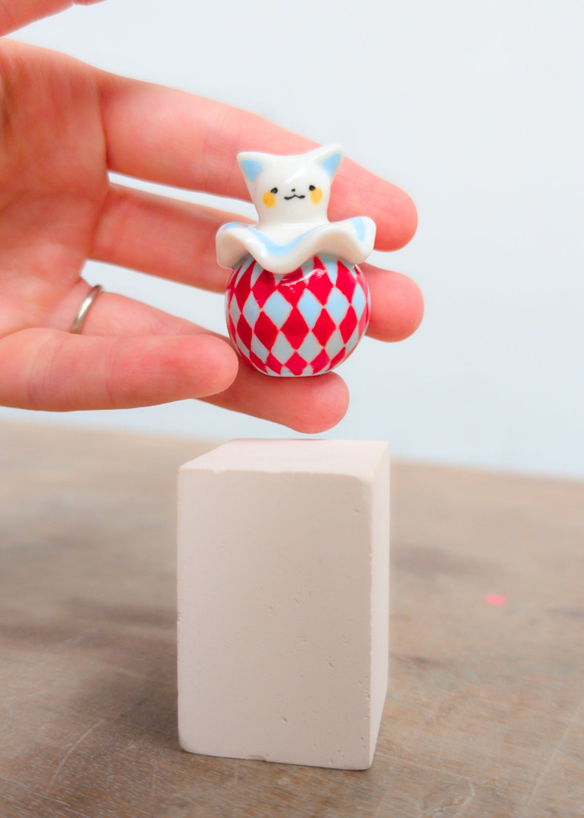 goatPIERROT Ceramic Art Toy 26.09.03 [Cat Pierrot in Light Blue and Red Harlequin Print]