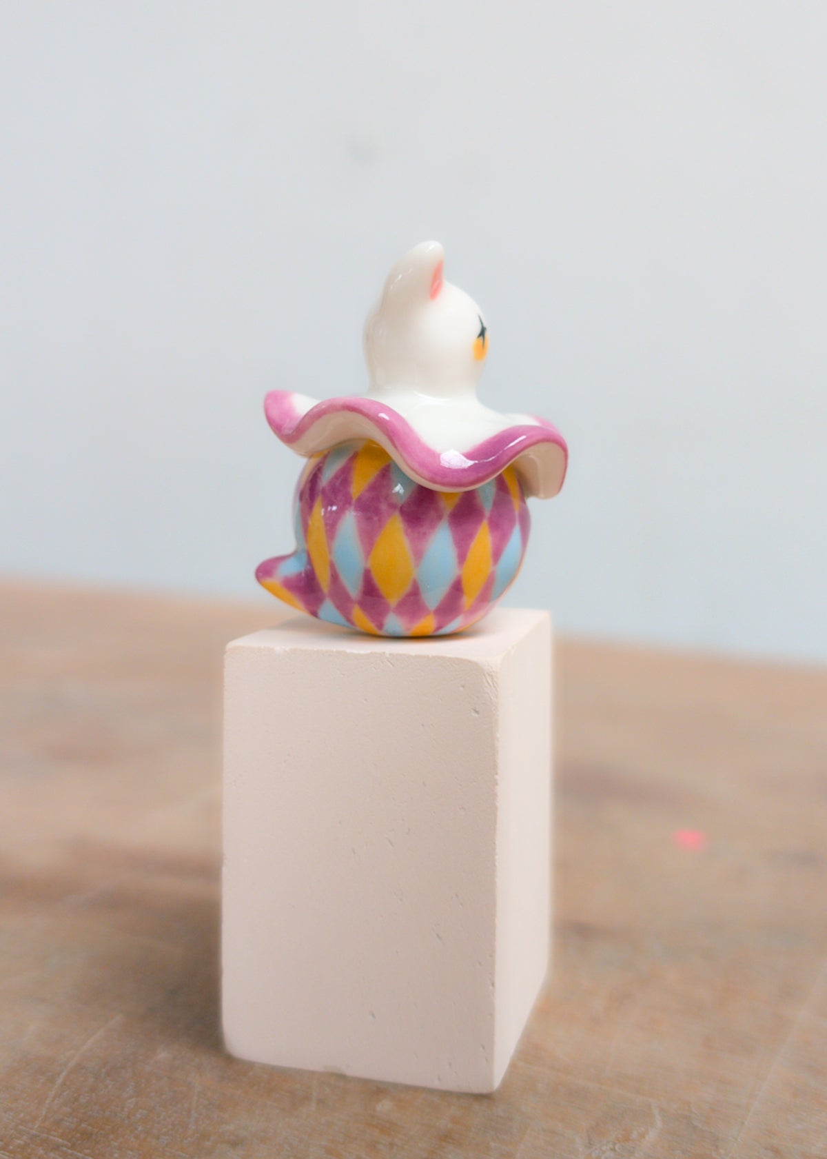 goatPIERROT Ceramic Art Toy 26.09.02 [Twinkle-Eyed Pierrot Cat in Purple, Yellow, and Blue Harlequin Print]