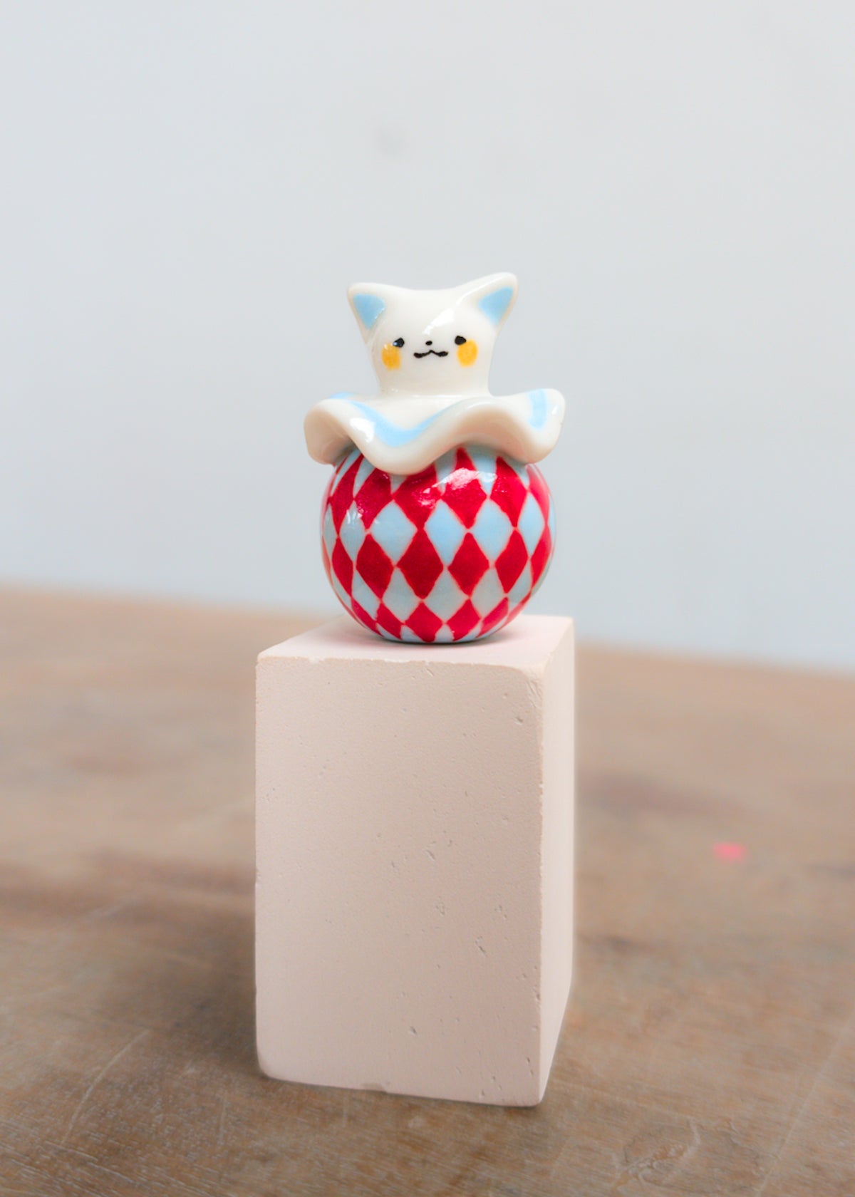 goatPIERROT Ceramic Art Toy 26.09.03 [Cat Pierrot in Light Blue and Red Harlequin Print]