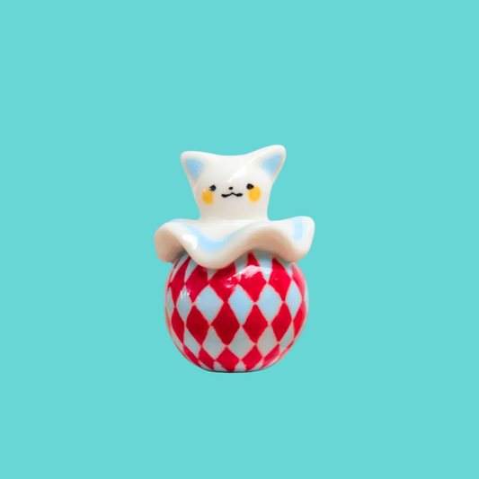 goatPIERROT Ceramic Art Toy 26.09.03 [Cat Pierrot in Light Blue and Red Harlequin Print]