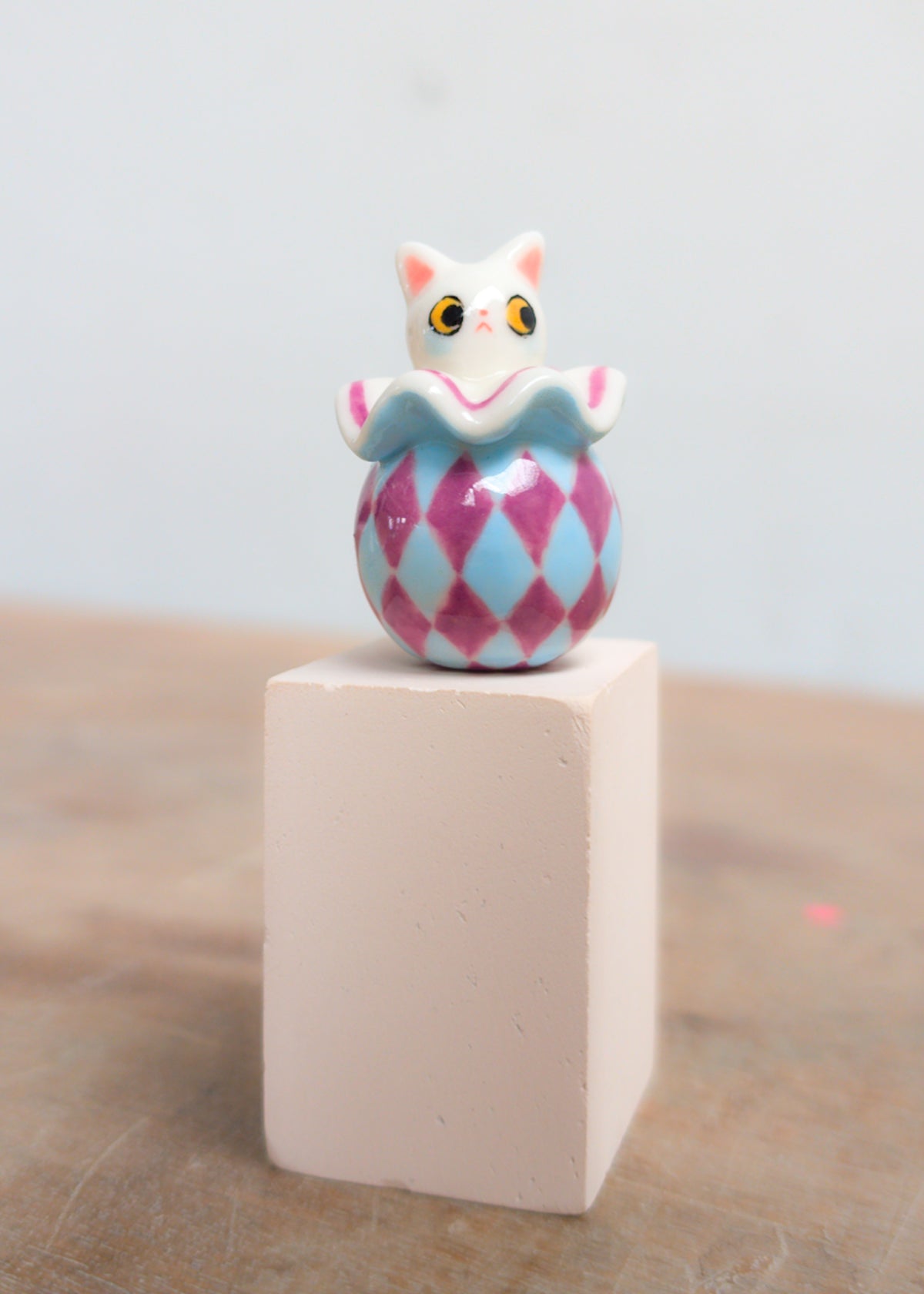 goatPIERROT Ceramic Art Toy 26.09.05 [Cat Pierrot in Light Blue and Purple Harlequin Print with Yellow Eyes]