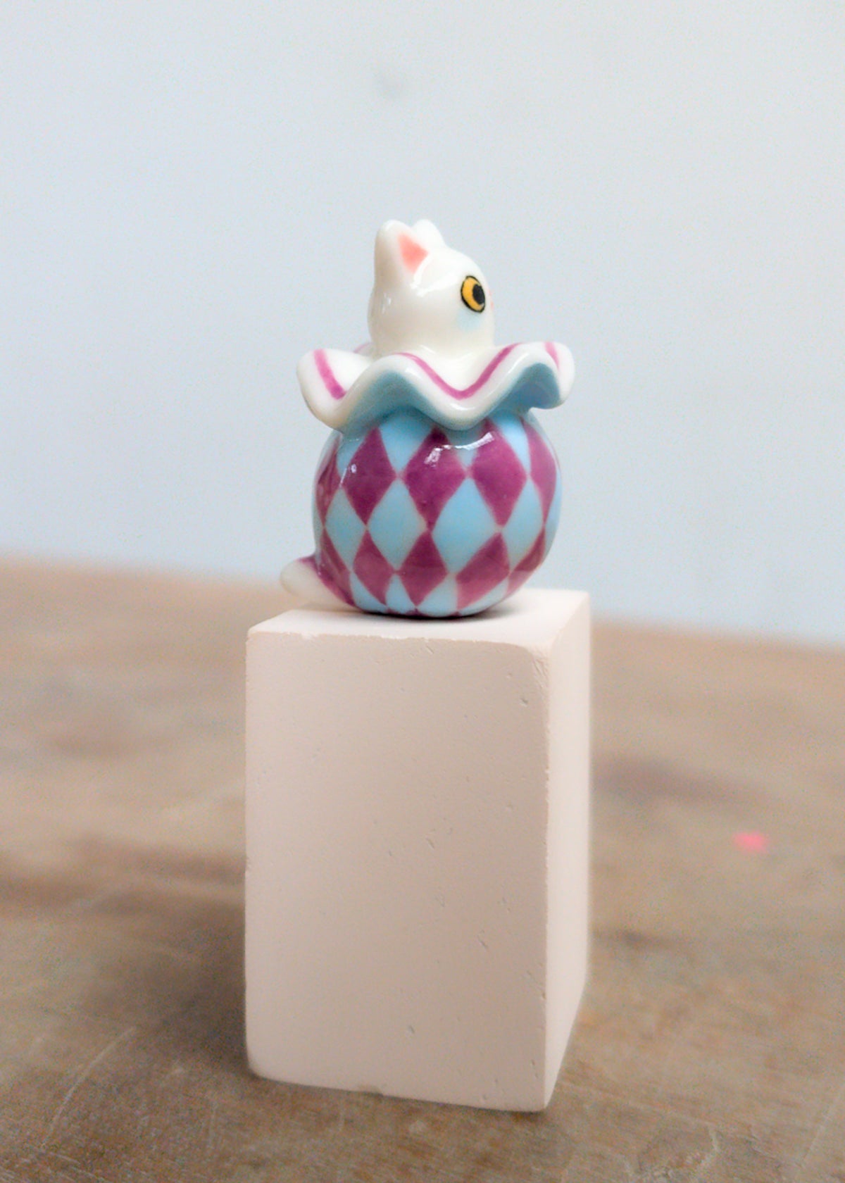 goatPIERROT Ceramic Art Toy 26.09.05 [Cat Pierrot in Light Blue and Purple Harlequin Print with Yellow Eyes]