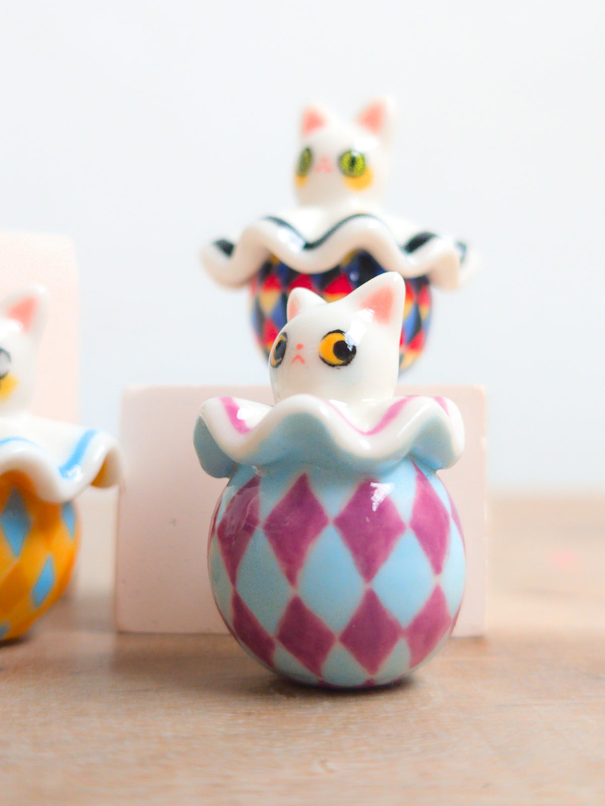 goatPIERROT Ceramic Art Toy 26.09.05 [Cat Pierrot in Light Blue and Purple Harlequin Print with Yellow Eyes]
