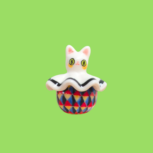 goatPIERROT Porcelain Sculpture 26.09.06 [Cat Pierrot in Primary Harlequin Print with Green Eyes]