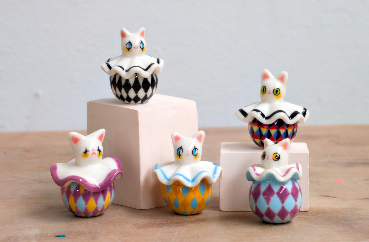 goatPIERROT Ceramic Art Toy 26.09.01 [Holsomcat in Black and White Harlequin Print]